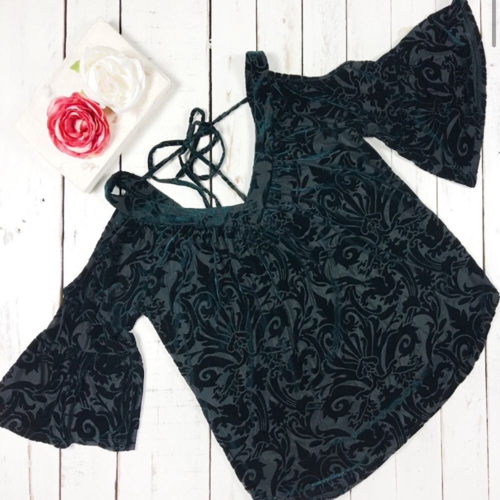 Always Indigo Cold Shoulder Boho Velvet Blouse S